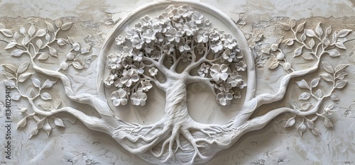 3D relief white tree wallpaper mural wall. AI generated illustration