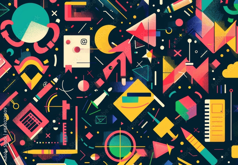 Create a dynamic back-to-school background featuring vibrant geometric shapes and symbols representing various academic subjects using generative AI. Create a dynamic back-to-school background featuring vibrant geometric shapes and symbols representing various academic subjects using generative AI.