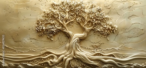 3D relief white tree wallpaper mural wall. AI generated illustration