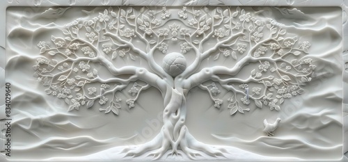 3D relief white tree wallpaper mural wall. AI generated illustration