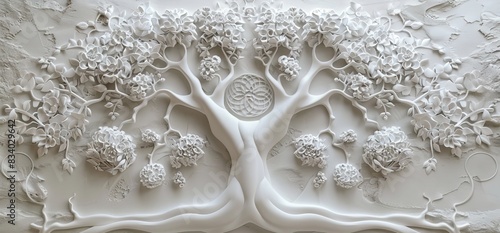 3D relief white tree wallpaper mural wall. AI generated illustration