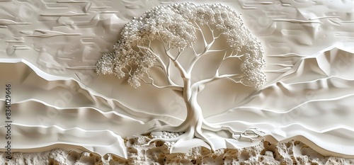 3D relief white tree wallpaper mural wall. AI generated illustration photo