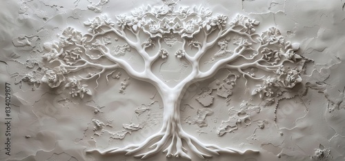 3D relief white tree wallpaper mural wall. AI generated illustration