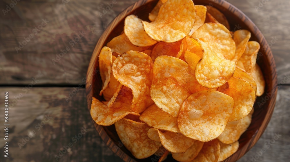 Top view of a wooden bowl filled with crunchy potato chips Background of fast food and snacks Top view of a wooden bowl filled with crunchy potato chips Background of fast food and snacks
