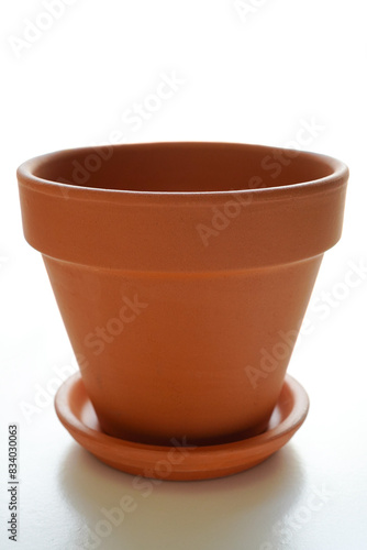Terracotta flower pot with saucer on white background, Mockup