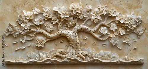 3D relief white tree wallpaper mural wall. AI generated illustration
