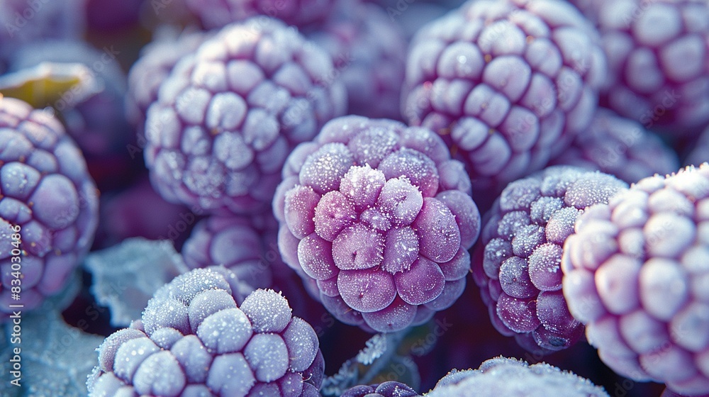A group of frozen raspberries placed atop a lush green leafy plant, with droplets of water cascading off them A group of frozen raspberries placed atop a lush green leafy plant, with droplets of water cascading off them