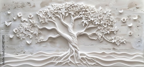 3D relief white tree wallpaper mural wall. AI generated illustration