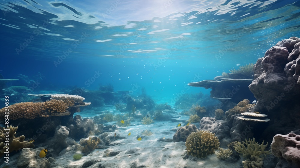 Naklejka premium Stunning Underwater Coral Reef Ecosystem with Clear Blue Waters and Sunlight