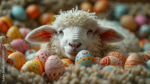 Springtime Slumber: Sheep Snuggles with Easter Eggs Generative AI