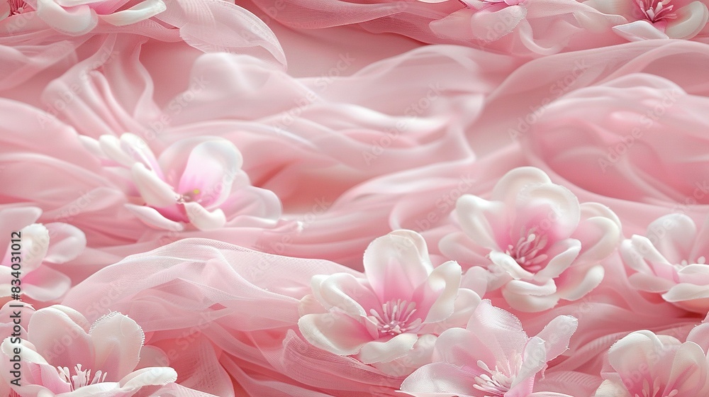 A field of pink flowers on a pink fabric sheet with white and pink blooms on top A field of pink flowers on a pink fabric sheet with white and pink blooms on top