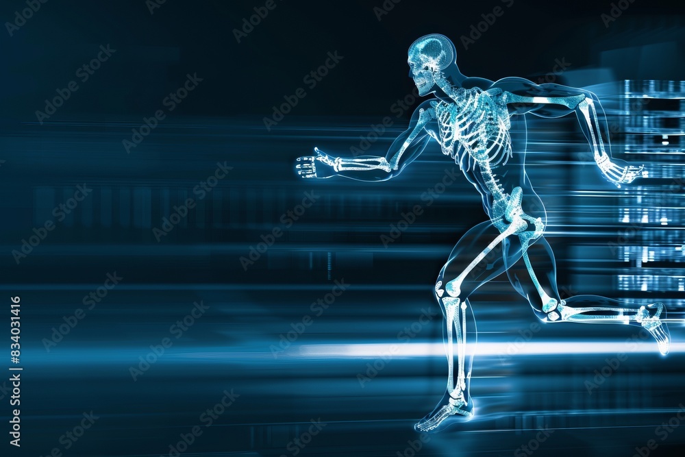 Orthopedic technology illustrated by a running man with skeleton view