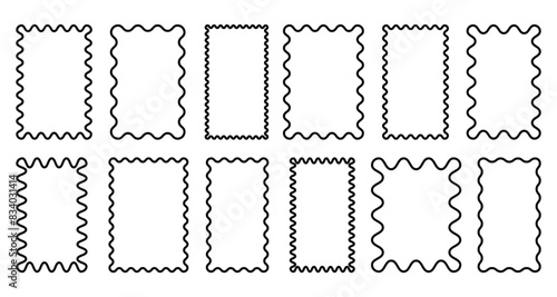 Squiggle frames set. Zigzag wavy edges, retro frames, psychedelic rectangles, photo frames, text boxes, tags, labels. Vector groovy shapes set. Wave and curvy borders.