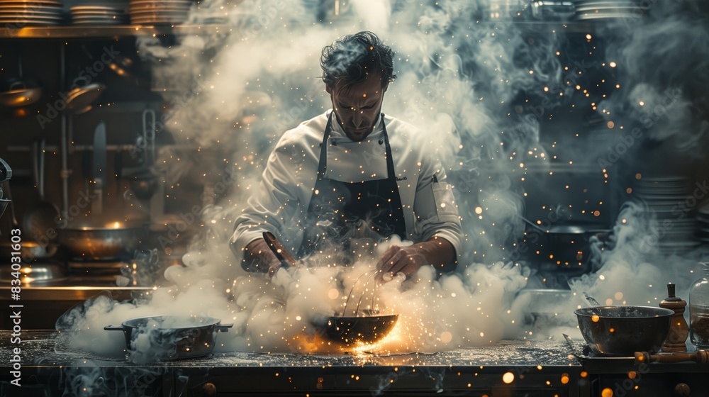 Obraz premium Man Cooking Amid Smoke