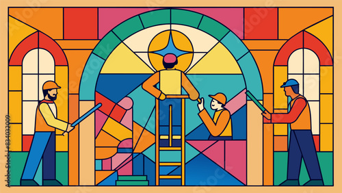 The intricate details and layers of color within the design of the stained glass window revealing itself more and more as the workers continue their. Vector illustration