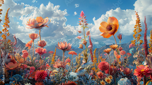 A panoramic view of a surreal floral landscape with towering flowers and whimsical foliage, rendered in vibrant colors and exaggerated proportions to evoke a sense of wonder and enchantment in a