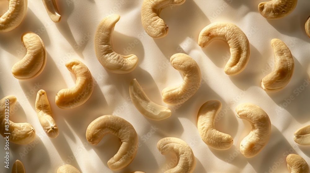 Collection of cashew nuts spread out on a light-colored surface. The cashews are in their whole form, with the curved, kidney shape characteristic of this type of nut Collection of cashew nuts spread out on a light-colored surface. The cashews are in their whole form, with the curved, kidney shape characteristic of this type of nut