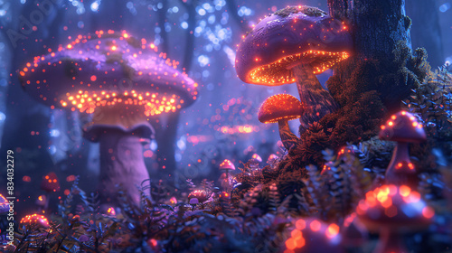 Close-up of a mystical forest with towering trees and glowing mushrooms, rendered in soft focus and vibrant colors to evoke the enchanting atmosphere of a fantasy dreamscape in a visually captivating © EEKONG