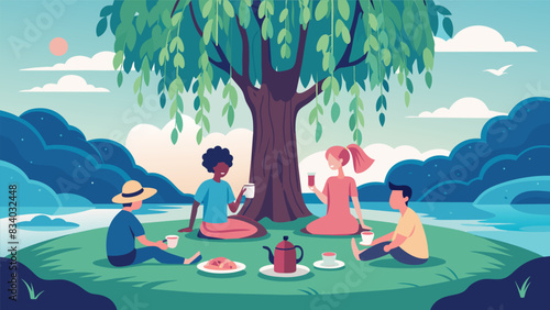 Beneath the elegant weeping willow tree a group of friends enjoyed a riverside picnic nibbling on delicate finger sandwiches and sipping on iced tea. Vector illustration