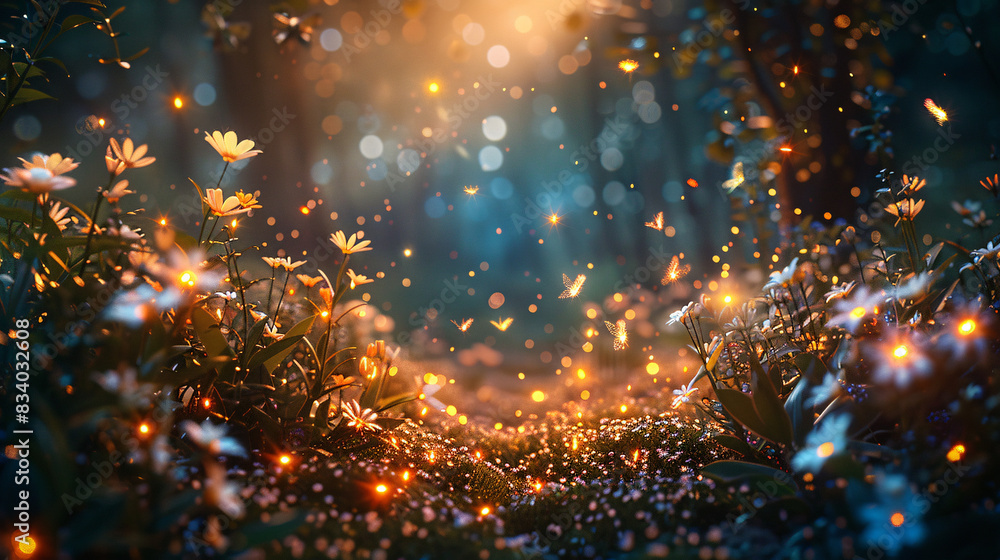 Close-up of a whimsical fairy garden with glowing fireflies and blooming flowers, nestled within a magical forest illuminated by soft moonlight, providing an enchanting background for fantasy Close-up of a whimsical fairy garden with glowing fireflies and blooming flowers, nestled within a magical forest illuminated by soft moonlight, providing an enchanting background for fantasy