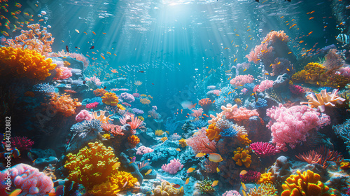 A panoramic view of a fantastical underwater kingdom with vibrant coral reefs and exotic sea creatures, bathed in the soft glow of bioluminescent algae and shimmering sunlight, offering an enchanting