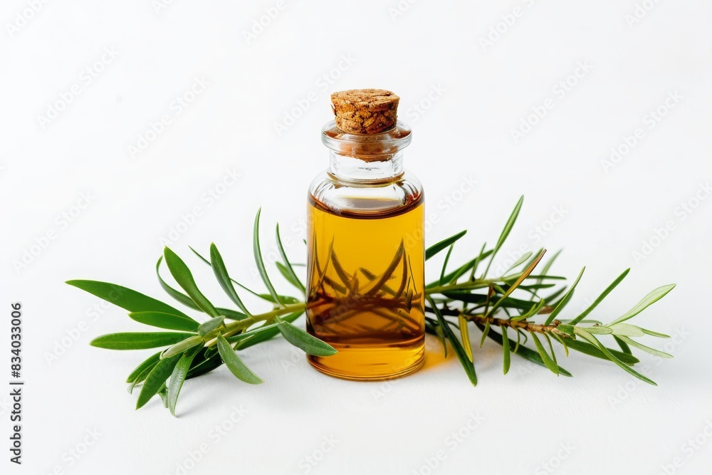 bottle of tea tree oil on plain white background from Generative AI bottle of tea tree oil on plain white background from Generative AI