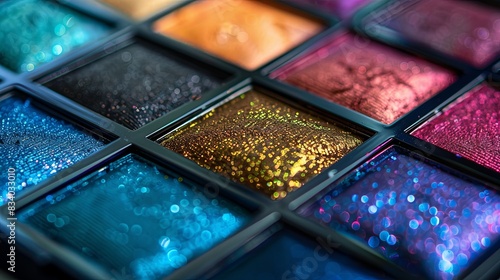 Detailed close-up of a colorful eyeshadow palette with a variety of bright, vibrant shades and visible texture. Generative AI photo