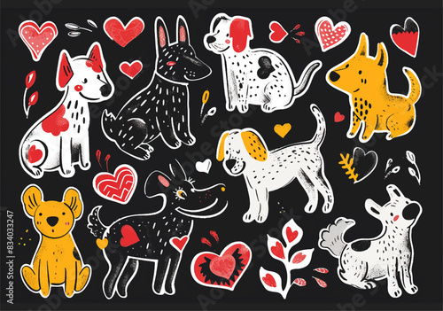 Bright cute funny characters with hearts. A big set of risoprint style stickers with dogs. Illustration Isolated on a black background.