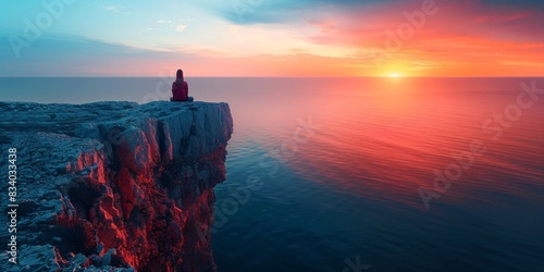 sunset over the sea with a lonely figure, rocky landscape with ocean in a calming mood