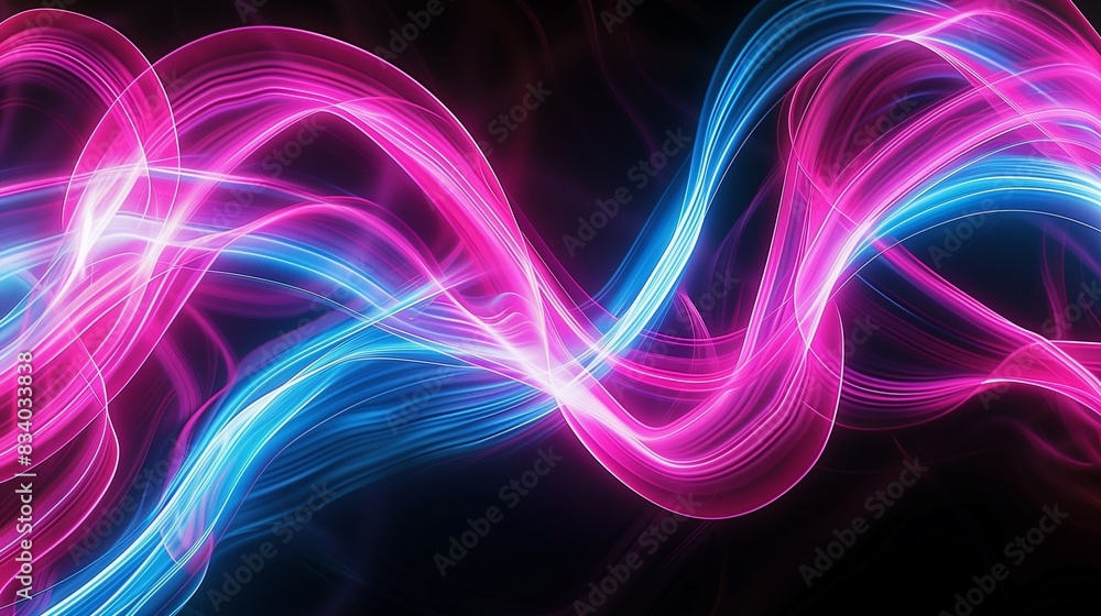 Abstract neon swirls in pink and blue creating a flowing, rhythmic design on a black background, emphasizing their vibrant colors. Abstract neon swirls in pink and blue creating a flowing, rhythmic design on a black background, emphasizing their vibrant colors.