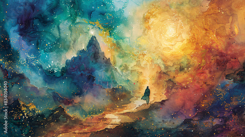 Spiritual journey path in painting watercolor abstract style.