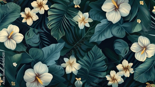 Seamless floral pattern with leafy tropical background