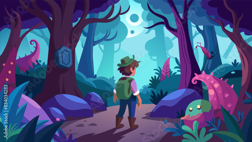 Strolling through a virtual enchanted forest the curious wanderer encounters magical creatures and discovers hidden secrets a the gnarled trees and. Vector illustration