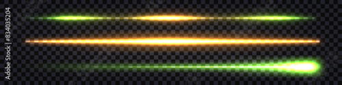 Neon light glowing streaks, laser beams with thunder bolt. Yellow and green color lines, dynamic flash light. Straid borders or dividers. Vector isolated transparent