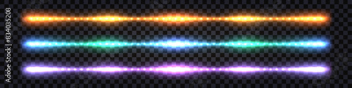 Neon light glowing streaks, laser beams. Yellow, purple, blue colorful luminous lines with flash light, futuristic hi tech borders or dividers. Isolated transparent vector illustration