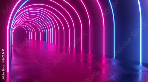 Glowing neon arches in pink and blue forming a flowing and dynamic pattern on a dark background, showcasing their luminous glow.