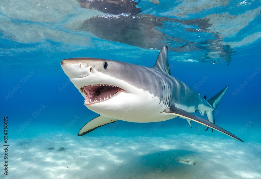 Great white shark in deep blue water. Great white shark in deep blue water.