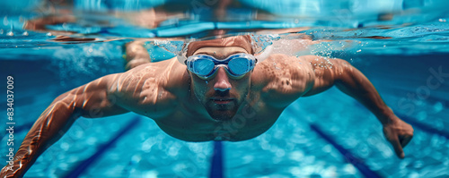 Powerful underwater close-up of a male swimmer gliding with goggles