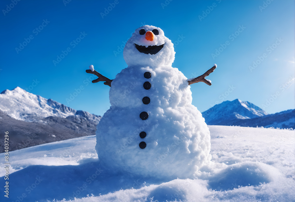 Obraz premium Funny snowman in winter mountain scenery. Merry christmas and happy new year.