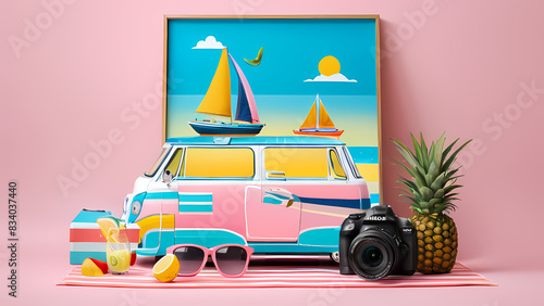 A colorful vintage van poster complemented by beach accessories ideal for a summer concept with sufficient copu space photo