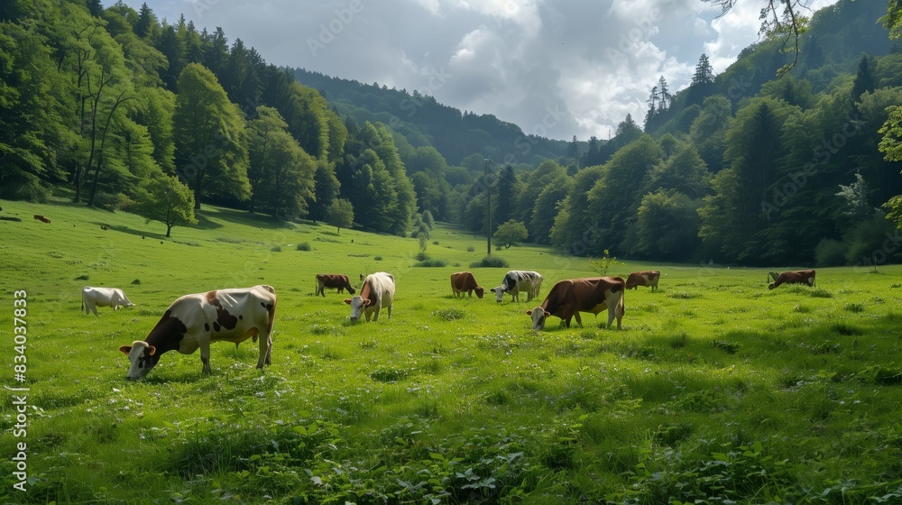 Obraz premium Cattle Grazing on Green Hillside