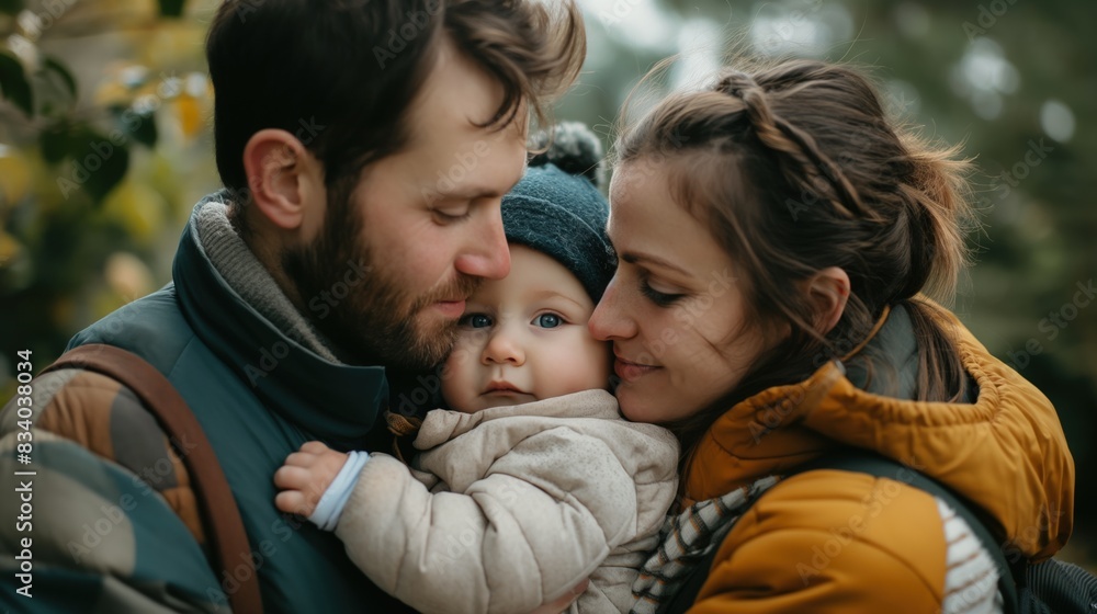 A close-up portrait of a young family with a baby in a forest A close-up portrait of a young family with a baby in a forest