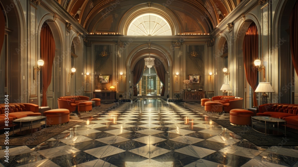 Obraz premium Exquisite 3D depiction of Art Deco luxury, showcasing a sumptuous interior with rich textures, sleek lines, and geometric shapes, exuding sophistication and refinement, all captured in a cinematic