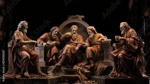 Lifelike statues of renaissance figures engaged in discussion set against a dramatic dark backdrop photo