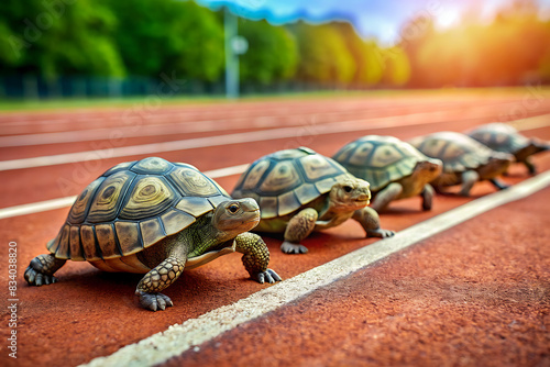 Side view of turtles at the starting block of a 100m sprint race track, getting ready to start.