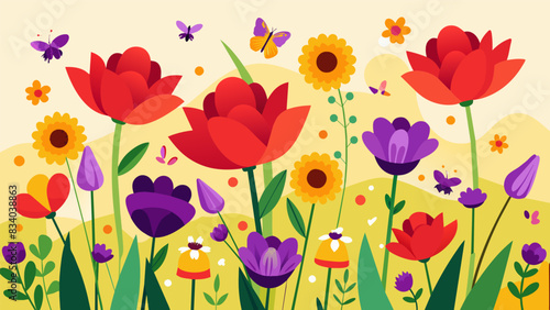 The garden is ablaze with vibrant colors from bright red poppies to delicate purple lilacs and sunny yellow daffodils. The gentle hum of bees and the. Vector illustration