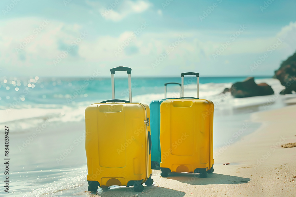 Three suitcases of rich yellow and turquoise colors stand on the shore against the backdrop of the sea
