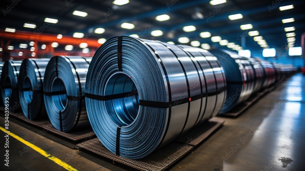 High-quality steel coils stored in a warehouse, highlighting industrial strength, manufacturing processes, and material storage High-quality steel coils stored in a warehouse, highlighting industrial strength, manufacturing processes, and material storage