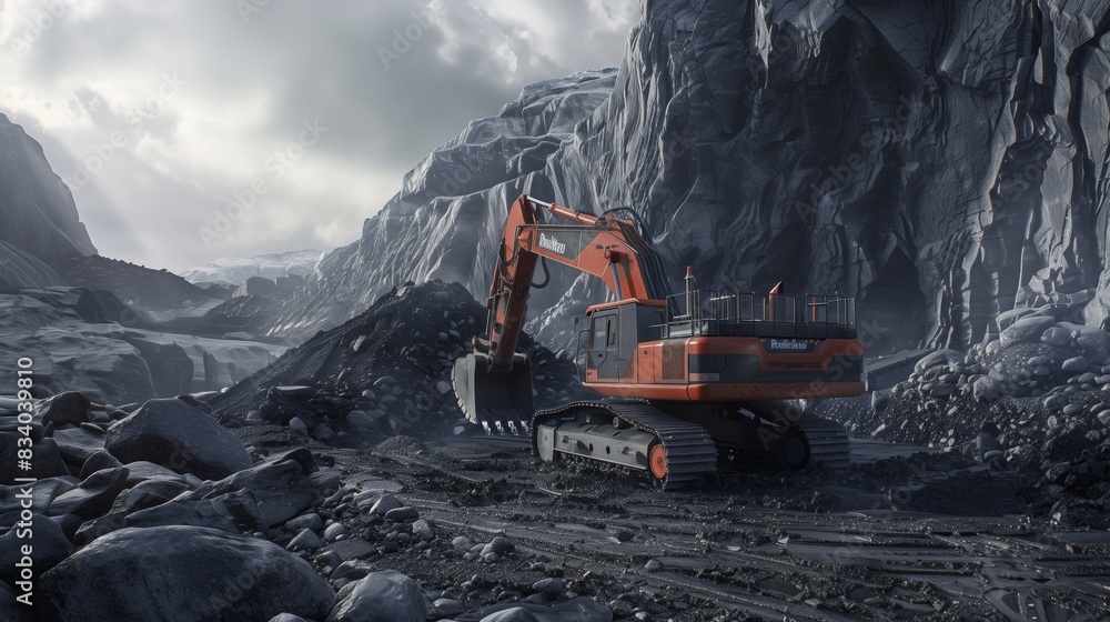 Orange and Black Excavator in Rocky Quarry Orange and Black Excavator in Rocky Quarry
