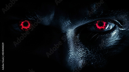 A close-up of a pair of glowing red eyes peering from the darkness. photo